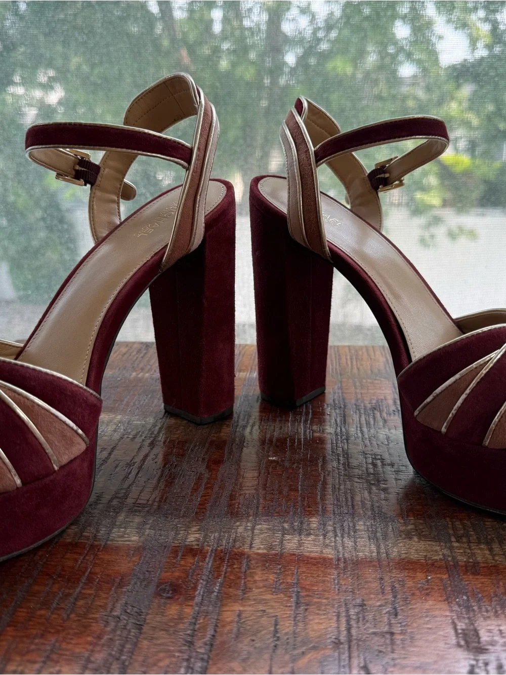 Michael Kors Burgundy and Blush suede Strappy Platform Sandals